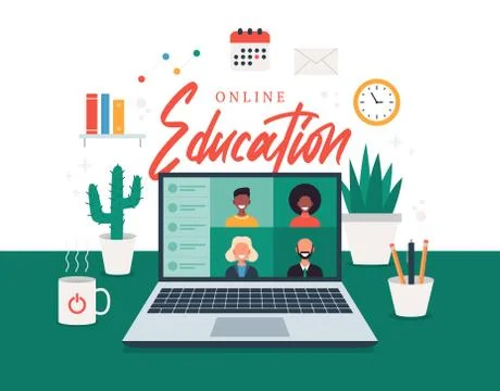 Online education, e-learning, online course concept, home school vector illus Stockillustratie
