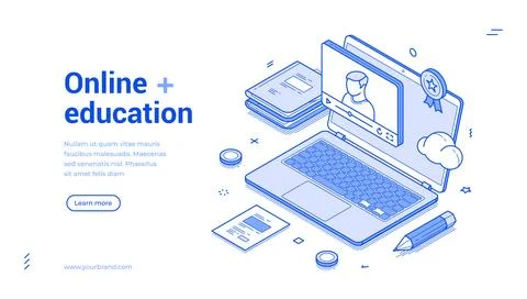 Online education e learning remotely video lesson laptop web banner isometr.. Stock Illustration