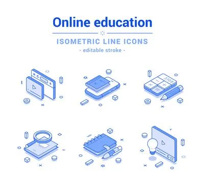 Online education e learning remotely lesson tutorial outline line isometric.. Stock Illustration