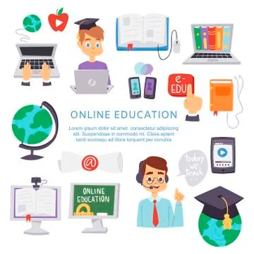 Online education, e-learning science vector illustration poster. Book computer Stock Illustration