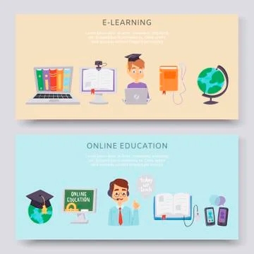 Online education, e-learning science vector illustration horizontal banners set Stock Illustration