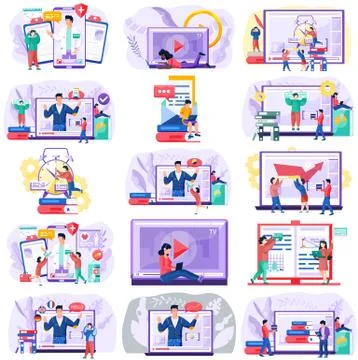 Online education e-learning science concept, scenes set with students which Stockillustratie