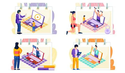 Online education e-learning science concept, scenes set with people students Stock Illustration