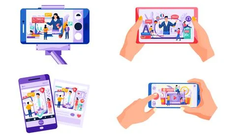 Online education e-learning with smartphone, scenes set with people students Stock Illustration