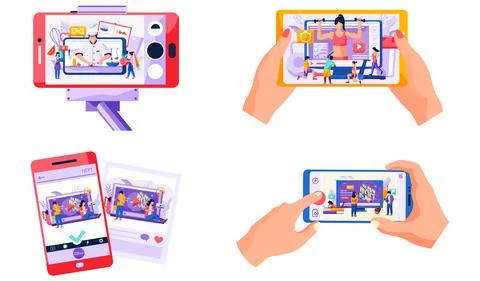 Online education e-learning with smartphone, persons watching video tutorials on Stock Illustration