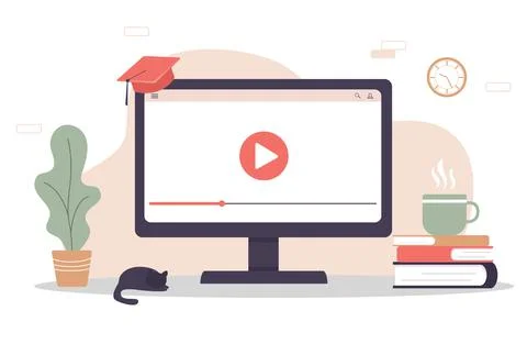 Online education. Flat design concept of training and video tutorials. Vector Stock Illustration