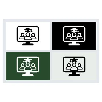 Online education icons featuring a computer monitor with students and a gra.. Stock Illustration