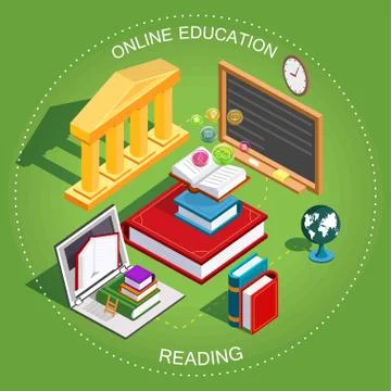 Online education Isometric. The concept of learning and reading books Stock Illustration