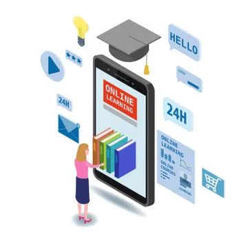 Online education isometric icons composition with little women taking books from Stock Illustration