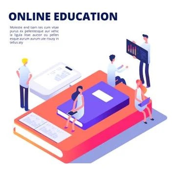 Online education isometric vector concept with books, students Illustrazione stock