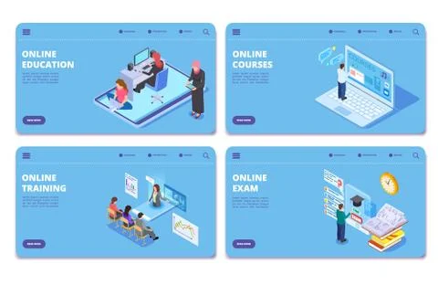 Online education isometric vector concept pages. Online exam, training, courses Illustrazione stock