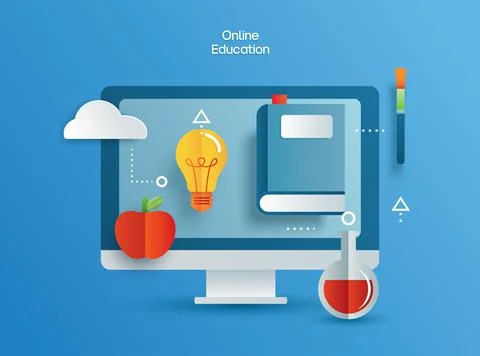 Online education learning on computer. Learning at home with social distancin Stock Illustration