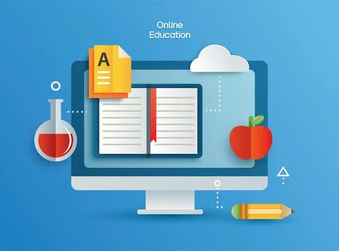 Online education learning on computer. Learning at home with social distancin Stock Illustration