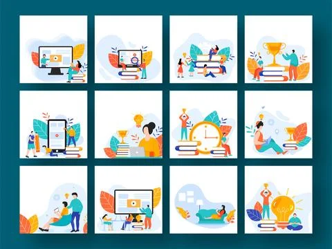 Online Education Learning or Reading from Digital Devices with Books and Pe.. Stock Illustration