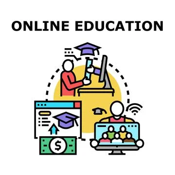 Online education learning process with virtual teacher and students Stock Illustration