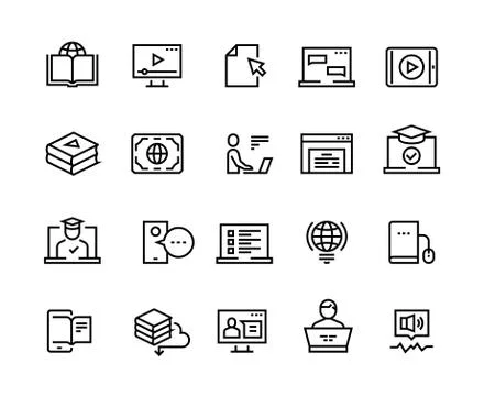 Online education line icons. E-learning computer training, online distant Illustrazione stock