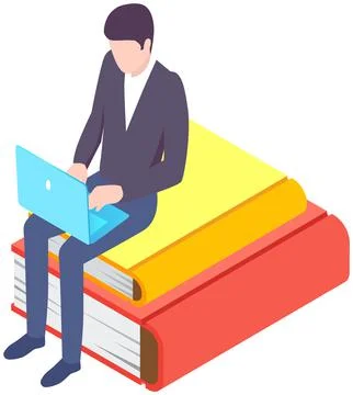 Online education, media library, e-learning. Young business man sits on pile of イラスト素材