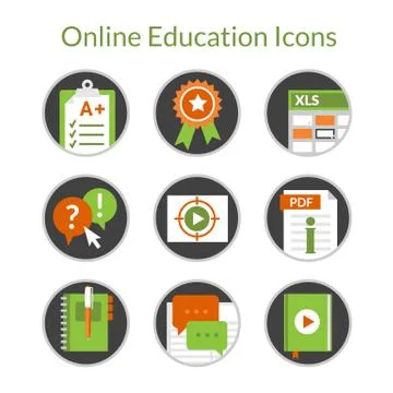 Online education or e-learning icons, video tutorials, distance courses. Stock Illustration