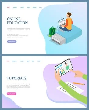 Online Education of Person, Tutorials Web Vector Illustrazione stock