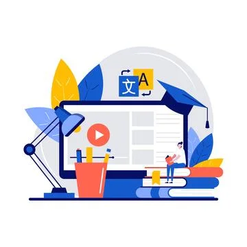 Online education platform, workshop and language tutoring concept with char.. Stock Illustration