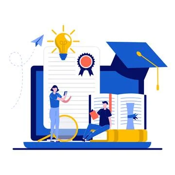 Online education school concept with tiny character. Student graduate study.. Stock Illustration