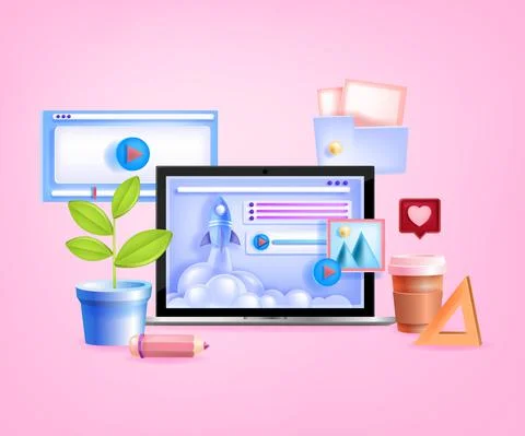 Online education, school, e-leaning, digital study concept with laptop screen 库存插图