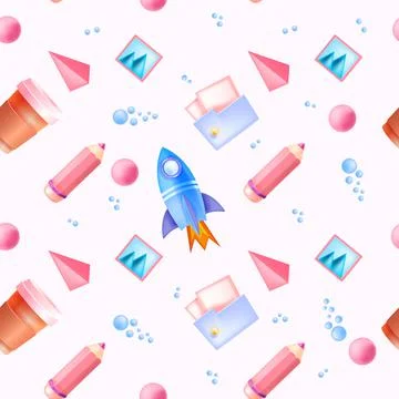 Online education, school, e-learning seamless pattern, rocket, pencil, coffee Illustrazione stock