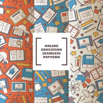 Online education seamless pattern, vector illustration. Flat line icons high Illustrazione stock