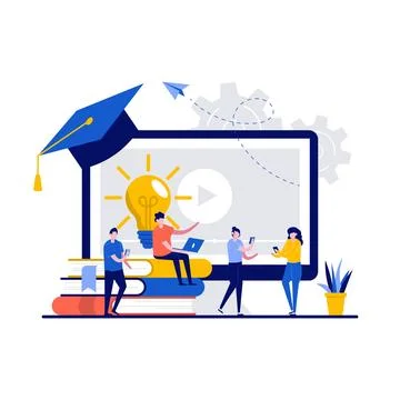 Online education service concept with tiny character. People study, holding.. Stock Illustration