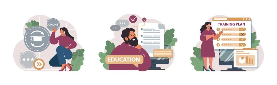 Online education set. Character study remotely using internet, online Stock Illustration