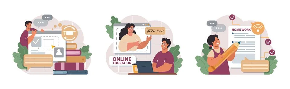 Online education set. Character study remotely using internet, online イラスト素材