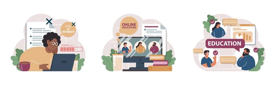 Online education set. Character study remotely using internet, online 스톡 일러스트