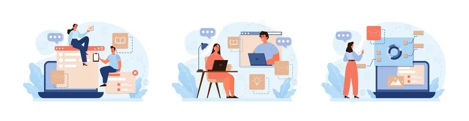 Online education set. Character study remotely using internet, online 스톡 일러스트