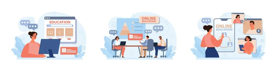 Online education set. Character study remotely using internet, online Illustrazione stock