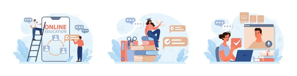 Online education set. Character study remotely using internet, online 스톡 일러스트