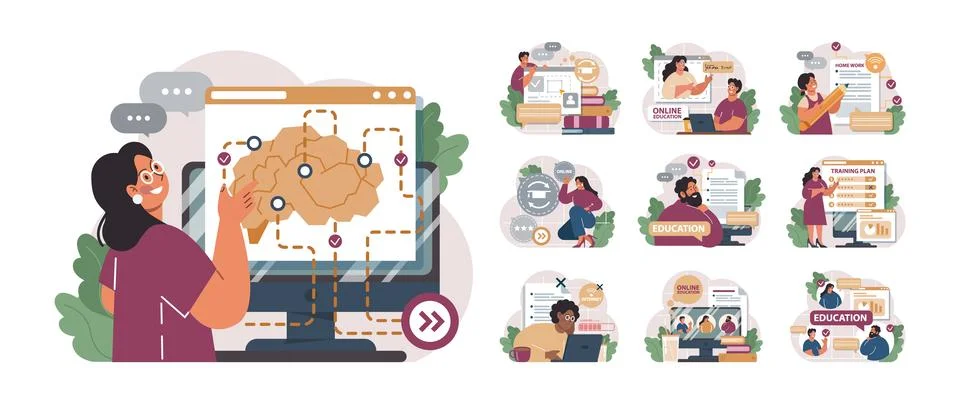 Online education set. Character study remotely using internet, online 스톡 일러스트