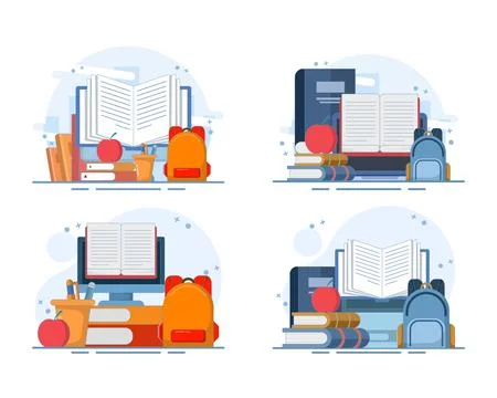 Online education set, computer with open book, school bag and apple. Stock Illustration