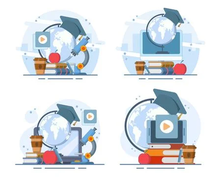 Online education set featuring a computer, world map, graduation cap. Stockillustratie