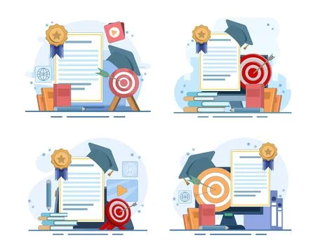 Online education set featuring a student achieving learning goals Stock Illustration