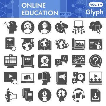 Online education solid icon set, online learning symbols collection or sketches Stock Illustration