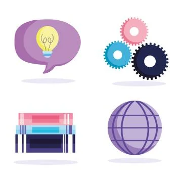 Online education, stack of books world creativity gears icons Stock Illustration