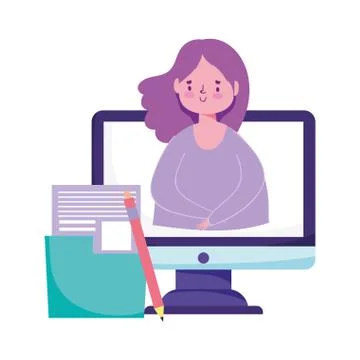 Online education, student computer document pencil class Stock Illustration