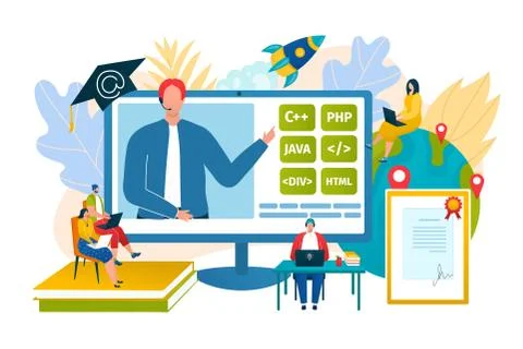 Online education study technology concept, flat computer web university vector Illustrazione stock