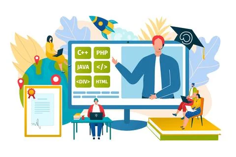 Online education study technology concept, flat computer web university vector Stock Illustration