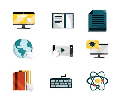 Online education study technology school icons set isolated icon shadow Illustrazione stock