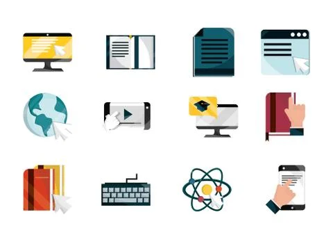 Online education study technology school icons set isolated icon shadow Illustrazione stock
