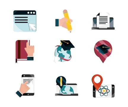 Online education study technology school icons set isolated icon shadow Illustrazione stock
