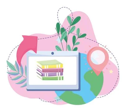 Online education, tablet computer and books studying, website and mobile Stock Illustration