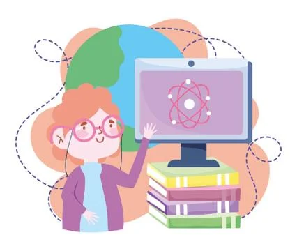 Online education, teacher computer explain class science with books, website and Stock Illustration