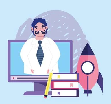 Online education teacher computer stack books and pencil Stock Illustration